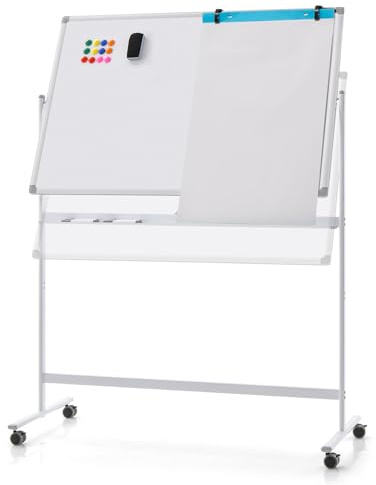 GIANTEX Mobile Whiteboard, doppelseitiges Whiteboard, 48 x 32 Zoll mit schwarzen Markern, Radiergummi, Magneten, 4 feststellbaren Rollen, wendbares Whiteboard höhenverstellbar (weiß), FE43898