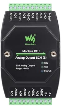 Waveshare Industrial 8-Ch Analog Output Module, 12-Bit DA Conversion, Supports 8-Ch Simultaneous Voltage Or Current Output, DC 7~36V Wide Voltage Power Supply, Modbus RTU Protocol, Rail-Mount Support