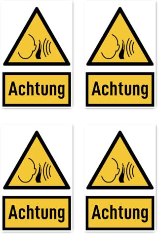 Aufkleber: 150x100 mm, 4 Stück - Signalwort Achtung vor unvermittelt auftretendem lauten Geräusch - Warnzeichen mit Text (deutsch) (gelb/schwarz) - hochkant - W038 - DIN EN ISO 7010 / ASR A1.3