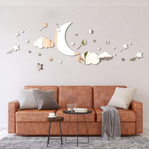 nuvola luna e stelle specchio adesivi murali, rimovibile acrilico luna e stelle specchio da parete adesivi decalcomanie per bambino kid camera da letto soggiorno (argento)