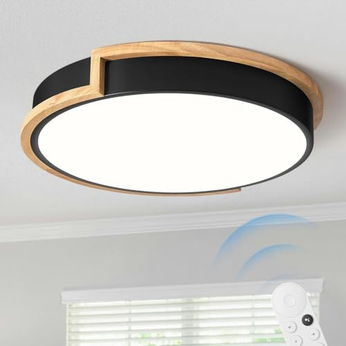 MyLjp Moderne LED Deckenleuchte Aus Holz Runde LED Deckenleuchte Indoor Deckenlampe Aus Holz Stufenlos Dimmbar Mit Fernbedienung Für Wohnzimmer Flur Schlafzimmer Veranda Balkon Küche(Schwarz,50cm)