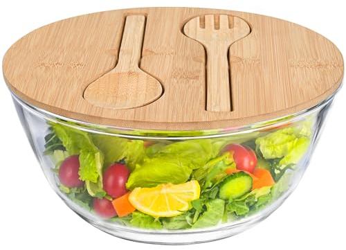 LOVYANXUE 10.6 Glass Salad Bowl with Lid, 4.7 Quart Large Capacity Serving Bowls and Mixing Bowls with Utensils, Versatile Serving Dish for Salads,Fruits,Pasta,Popcorn,Trifle Bowl, Microwave Safe
