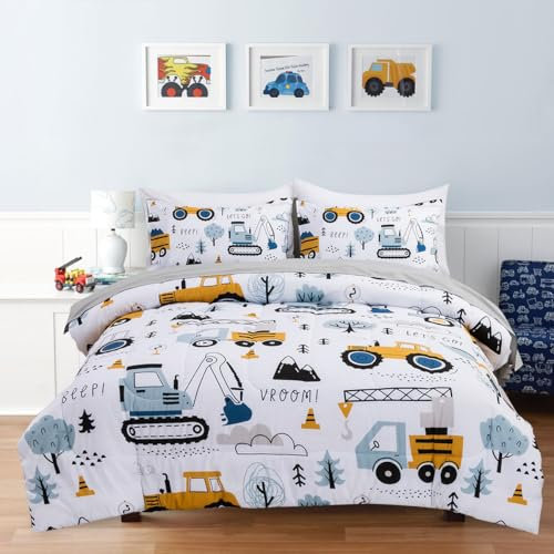 Holawakaka 5-teiliges Bettwäsche-Set für Jungen, Motiv: Trucks, Traktoren, Autos, Doppelbettgröße, Cartoon-Bauwagen, Baggerdruck, Kinderbett in einer Tasche, Baggermischer, LKW, bedruckte