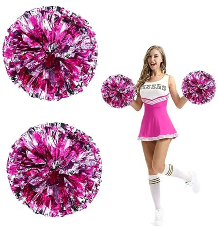 Fonyiunce 2 Pezzi Pom Poms Cheerleader, Pom Cheerleader Pom Pom con Manico, Metallico Cheerleading Pompons Pallina di Fiori per Riunione Sportiva, Stadio, Festa, Vacanze (Rosa Rossa, Argento)