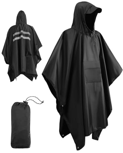 Lorrtta Adult Waterproof Poncho, Reflective, Black, One Size, Unisex, Floor Length, Sleeveless, Raincoat Poncho