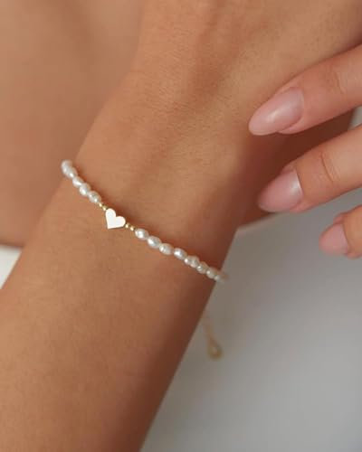 BPTRKOM 1 Stück Damen Armband- Goldene Perlen Armbänder Mit Herz Anhänger, 14K Vergoldete Cuban Link,Geeignet für Damen-Mädchen-Geburtstags-Weihnachtsgeschenke