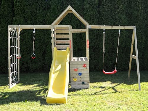 Wendi Toys M41 Deluxe Schaukel- und Kletterset Kinder Outdoor Holz Spielplatz mit Spielturm, Fitnessstudio und Rutsche, Premium Holz, 390x340x250 cm, sichere, einfache Montage ab 3 Jahren