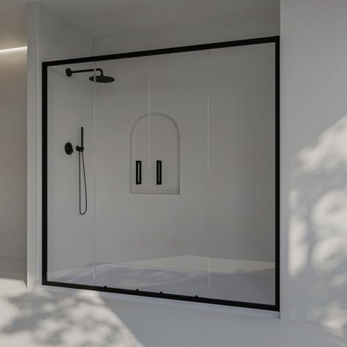 SoulHome Paroi de douche frontale 154 a 158cm x Hauteur 195 cm, Noir | 2 Coulissantes + 2 Fixes, Avec Profilé Inférieur, Verre de sécurité transparent 6mm, traitement anticalcaire, Dimension 155cm