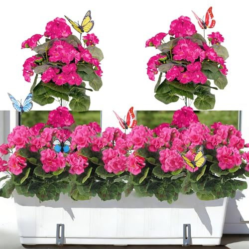 Avoik 4 buntar konstgjorda blommor pelargoner konstgjorda växter blommor för utomhus vår sommar dekoration konstgjorda sidenblommor UV-beständiga inomhus utomhusväxter för trädgård veranda bröllop hus