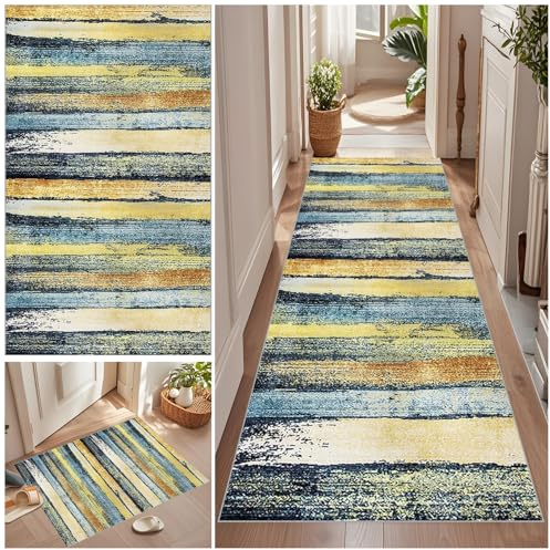 Qemgrste Teppich Läufer Flur Extra Lang rutschfest Flurläufer Küchenteppich Eingangsteppich Vintage Waschbar Flur Teppich Läufer Schlafzimmer Läufer für Waschküche Eingang Badezimmer 50 x 130 cm