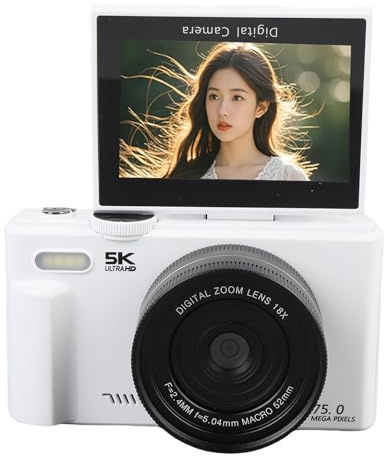 5k Digitalkamera, 72MP UHD Vlogging -Kameras für Fotografie & Video, 18 -facher Zoom -Autofokus, 3inch 180 ° Flip -Bildschirm, Unterstützung WLAN für Reiseanfänger Teenager (White)