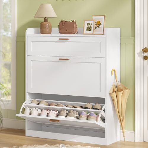 KIMENICH Schuhschrank mit 2 Klappen, Schublade, Schuhkipper Schmal, Trennwand Verstellbar, für 12-16 Paar Schuhe, Flur, Eingangsbereich, 24 x 80 x 104 cm, Weiß