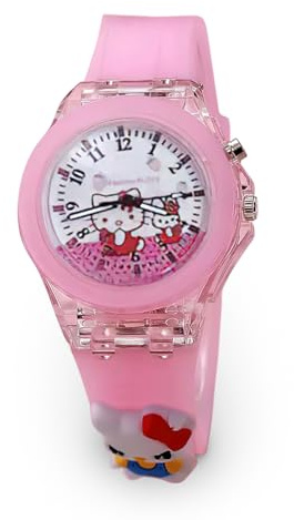 LuminaLux Orologio analogico al quarzo per ragazze, cinturino in silicone scintillante 3D, luce LED lampeggiante, Hello Kitty, rosa