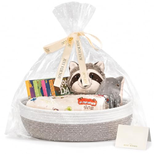 Geschenkkorb Leer, Baumwollseilweberei Geflochten Korb für Geschenke mit Geschenktüten Bändern Grußkarte, Präsentkorb Leer mit Henkel, Aufbewahrungskorb für Babyparty, Geburtstag, Hochzeit