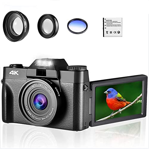Appareil photo numérique 48MP Caméscope 4K Vlog 3.0quot;Webcam numérique selfie à écran rabattable à 180 ° for objectif macro grand angle Filmer, enregistrer, diffuser(Standard,With Lens Filter)