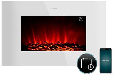 Cecotec Camino Elettrico Decorativo 35” con Telecomando e WiFi ReadyWarm 3590 Flames Connected White. Massima Potenza 2000W, 2 Intensità, Pannello Piatto Cristallo Temperato, Fiamma Regolabile, Timer