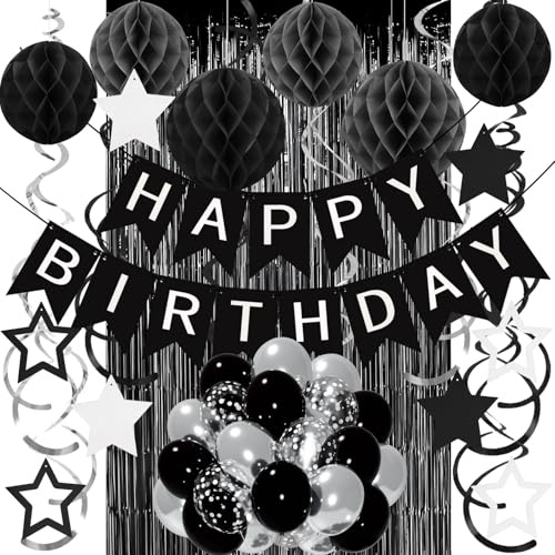 Geburtstags Dekoration Set, Schwarz Silber Wiederverwendbare Geburtstagsdeko für Männer Frauen Jungen Mädchen- Happy Birthday Girlande Wabenball Luftballons Stern Hängende Streamer Vorhang Glitzer