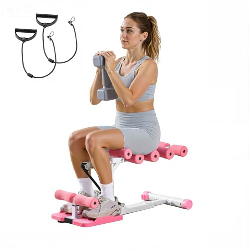 VEVOR Máquina de Sentadillas Profundas Ajustable, con 3 Bandas de Resistencia, Entrenador de Core y Glúteos Plegable, para Gimnasio en Casa, Rosa y Blanco, Carga de 136 kg, 800 x 400 x 760 mm