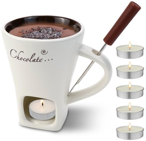 DASIAUTOEM Tasse à fondue au chocolat, 200 ml, pour faire fondre le chocolat, en céramique, avec fourchette et bougie chauffe-plat, pour le fromage, le chocolat, le beurre, le caramel (blanc)