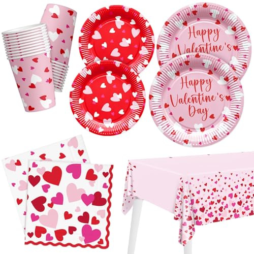 Saint-Valentin Assiettes en carton Lot de 97 Vaisselle de fête avec Serviettes e Gobelets carton Nappe jetables