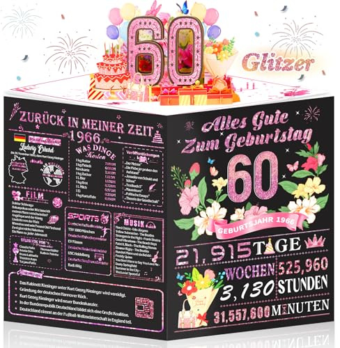 OLOSONG Geburtstagskarte 60 | 3D Pop Up Karte Geschenke Zum 60 Geburtstag für Frau, Lustige Roségold Deko 60. Geburtstag Für Mama Oma Ehefrau Freunde Schwester Sie, Back in 1966 Mit Umschlag