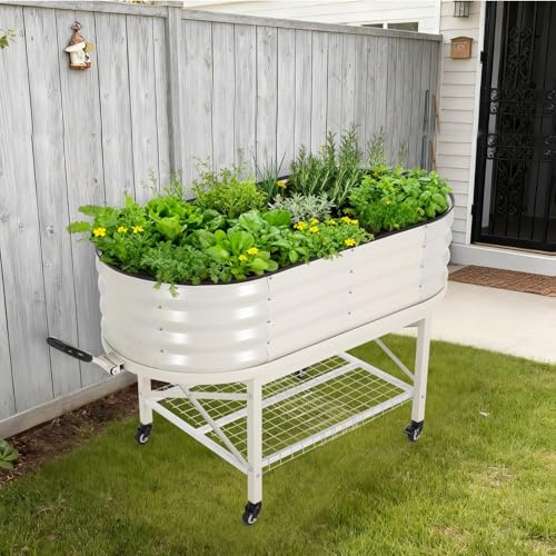 Hochbeet Mit Rädern & Aufbewahrungsregal, Ovales Pflanzbeet Aus Metall Für Terrasse Garten Balkon, Rostfreies Gemüsebeet Für Kräuter Blumen, Stabiles Gartenbeet Set, Einfacher Aufbau, Weiß