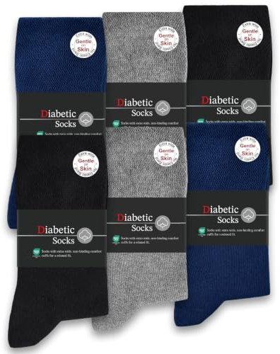 SockWaddles Diabetic Socks for Men & Women, 6 Pairs, Soft Loose Top | 97% cotton crew socks with a seamless toe and relaxed cuff; gentle everyday comfort for sensitive or swollen feet and ankles.
