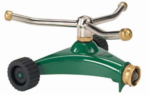Dramm ColorStorm 3 Arm Whirling Sprinkler on 6 Wheeled Heavy Duty Metal Base, for Lawn, Yard, Garden and Large Area, Green, 70 Ft Diameter Reach