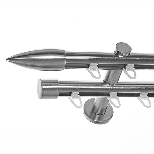 BASIT Gardinenstange Innenlauf Edelstahllook 20mm 2-läufig Wand 180cm H40 | Gardinenstangenset doppelläufig Wandmontage Metall Vorhangstange Wandhalterung 120-600cm wählbar Kappe Spitze E82