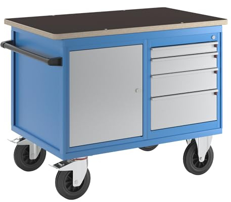 eurokraft | Montagewagen | 1 Schrank | 1 Schubladenschrank | Bicolor | Korpus lichtBlau | Fronten Weißaluminium | Multiplex-Arbeitsplatte