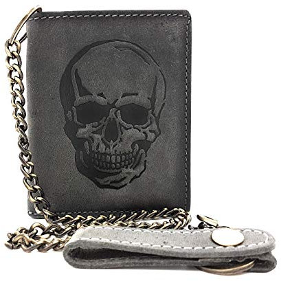 Jockey Club Biker-Geldbörse mit Kette, Geldbörse aus natürlichem Hunterskin-Leder mit RFID-Schutz, Totenkopf