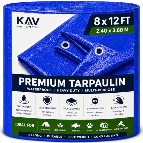 KAV - 2.40m x 3.60m (8x12 FT) Blue Strong Waterproof Universal Tarpaulin Tarp sheet in - Ground Sheet Covers For Camping Fishing Gardening Pets Premium Quality Cover Made of 80 gram
