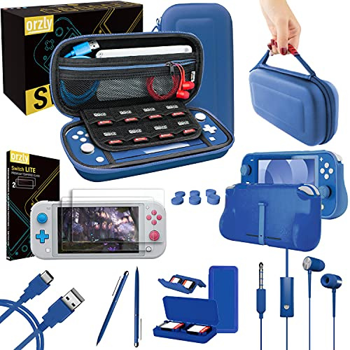 Switch Lite Accessoire Pack Orzly pour Nintendo Switch Lite (2019) Pack comprenant: Protecteurs d'écran en Verre Trempé, Câble Type C, Housse [Étui rigide], Coque Comfort Grip Case et plus - Bleu