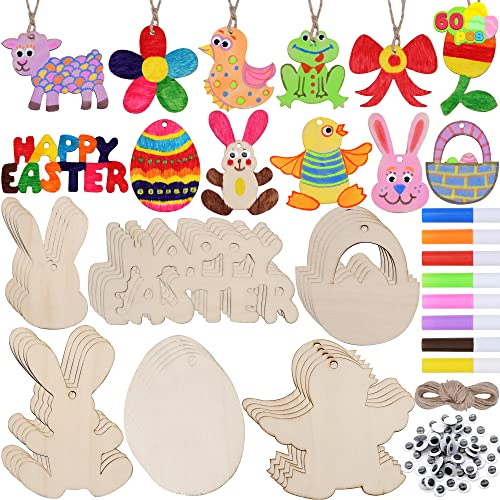 JOYIN 60 piezas de adornos de madera sin terminar para colgar etiquetas de favor, etiquetas de regalo, etiquetas con cordones y ojos animados para niños, fiesta de Pascua, decoración de bricolaje