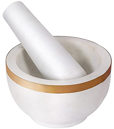 Mortier et pilon Divit Shilp, fabriqués en pierre dure robuste et polie, mécanisme de broyage en pierre naturelle pour épices, pâtes, herbes, assaisonnements, etc. (Marble with Brass Top)