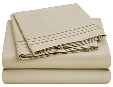 HOMEIDEAS 4 Piece 3-Line Embossed Bed Sheets Set Extra Soft Brushed Microfiber 1800 Bedding Sheets Deep Pocket, Wrinkle & Fade Free (Super King, Cream)