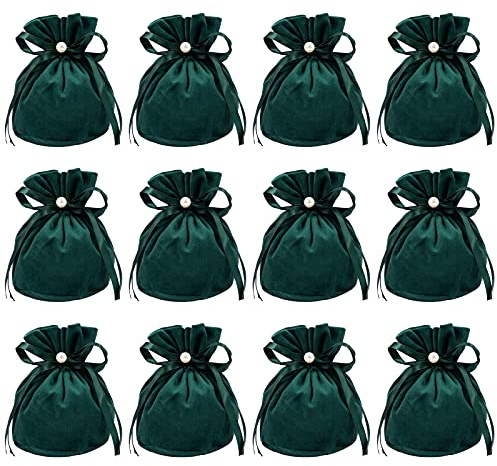 NBEADS 12 Stück Samtbeutel, Samt Kordelzugbeutel Schmuckbeutel Kunststoff imitat Perlen Geschenktüten Für Weihnachten Hochzeit Geburtstag Party Favors, Dunkelgrün, 13.2x14 cm