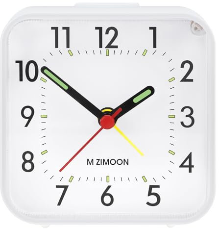 m zimoon Analoger Wecker, leise, Kleiner Reisewecker, ohne Ticken, leise, Tischuhr, mit Nachtlicht, Snooze-Funktion, batteriebetrieben, großes Desktop-Display, für Schlafzimmer, Büro (weiß)