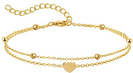 AFSTALR Fußkette Damen Herz Layered Anhängern Silber Doppel-Fußkettchen Verstellbare Fußschmuck Coin Fußkette Für Damen 丨Gold