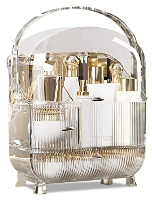 Galatée Retro Serie 180°Drehbar Tragbare Make Up Organizer Kosmetikbox Kosmetische Aufbewahrungs Box Mit Staubdichtem Deckel, Beauty Organizer - Hochtransparentes Weiß