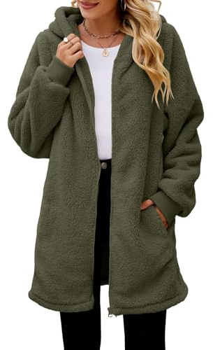 ReachMe Womens Fleece Zip Up Jacket with Pockets Fuzzy Jackets for Women Oversized Long Sherpa Hoodie Teddy Coat(01 Army Green,L)