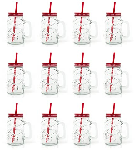 Carousel Home Set of 12 Clear Glass Mason Drinking Jar Santa Shaped Drinks Glass | Christmas Drinking Jar with Lid and Straw | Novelty Christmas Drinking Glass 400ml