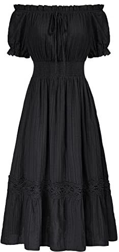 SCARLET DARKNESS - Robes Renaissance pour femme sans épaules avec manches bouffantes et taille côtelée en coton, Noir , M