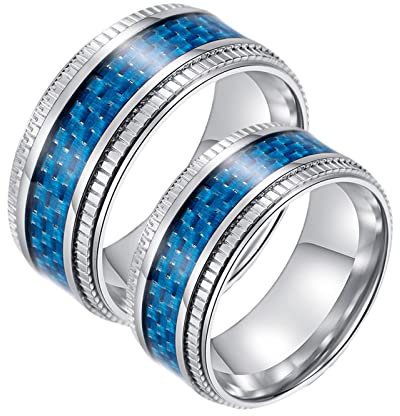 BCughia Freundschaftsringe Jugendliche, Ring Blau Edelstahl Ringe 9,5 mm Silberring Inlay Blue Carbon Fiber Damengröße 54(17.2), Herrengröße 67(21.3)