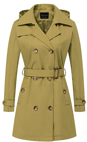 CREATMO US trenchcoat, dubbelknäppt, klassiskt, överrock, bälte, smala ytterkläder, kappa med avtagbar huva, Olivgul, S
