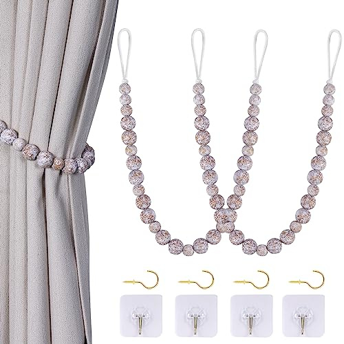 KLOGTSIND Wood Bead Curtain Tiebacks, 2 Pack Curtain Tie Backs with Hooks