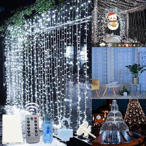 Jonurphy - Cortina luminosa, 300 LED, 3 m x 3 m, cortina luminosa, 8 modos de iluminación USB, mando a distancia con temporizador, para Navidad, boda, cumpleaños, ventana, hogar