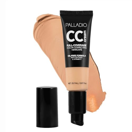 Palladio Full-Coverage Color Correction CC Cream, Oil-Free with Peptides & Vitamin C, Best for Correcting Redness and Uneven Skin Tone, Buildable Foundation Coverage (Medium 32W, Warm Undertone)