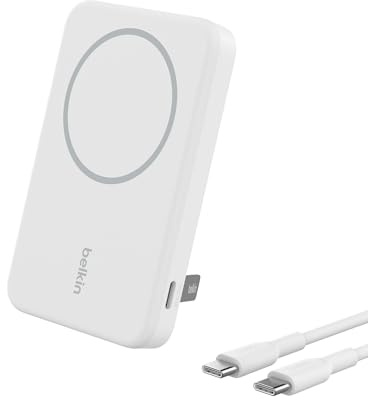 Belkin BoostCharge Pro Kabellose Powerbank 5000mAh mit Qi2, MagSafe-Kompatibles Tragbares Ladegerät mit Integriertem Ständer, für iPhone 17, iPhone Air, iPhone 16, 15, 14, Pixelsnap usw. – Weiß