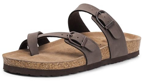 FITORY Women's Slide Sandals with Soft Cork Footbed, Comfort Arch Support Flat Sandals for Summer Brownish Yellow Size 6.5